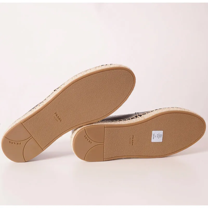 37 NEW $790 PRADA Black Leather EMBOSSED LOGO CREST Summer FLATS ESPADRILLE NIB