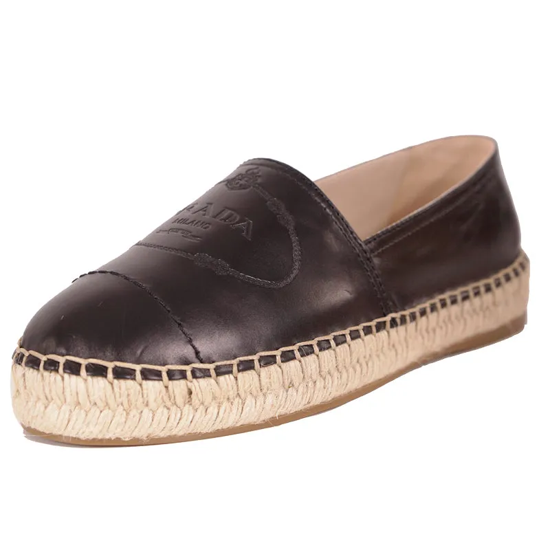 37 NEW $790 PRADA Black Leather EMBOSSED LOGO CREST Summer FLATS ESPADRILLE NIB