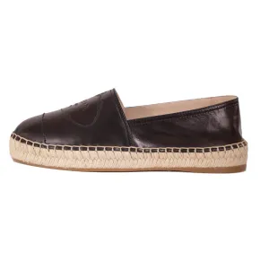 37 NEW $790 PRADA Black Leather EMBOSSED LOGO CREST Summer FLATS ESPADRILLE NIB