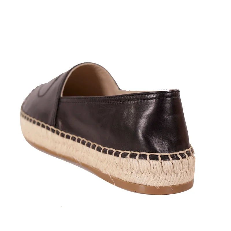 37 NEW $790 PRADA Black Leather EMBOSSED LOGO CREST Summer FLATS ESPADRILLE NIB