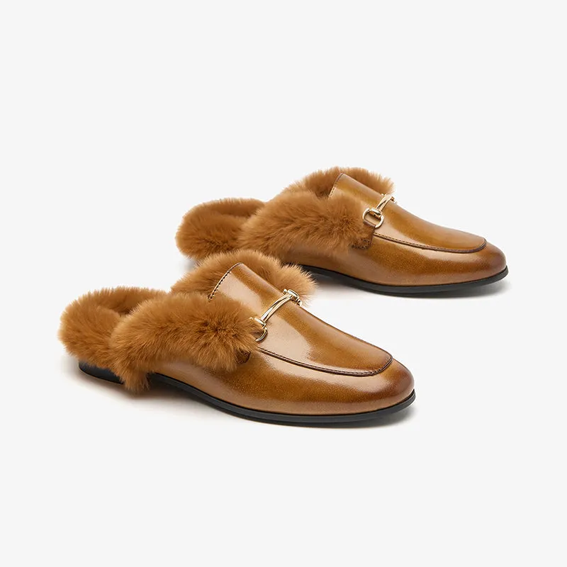 BeauToday Backless Rabbit Fur Lined Metral Trim Mule Loafers for Women