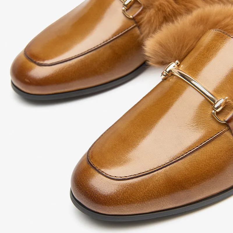 BeauToday Backless Rabbit Fur Lined Metral Trim Mule Loafers for Women
