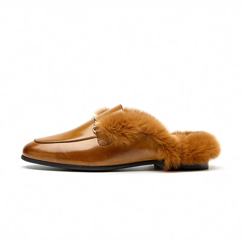 BeauToday Backless Rabbit Fur Lined Metral Trim Mule Loafers for Women