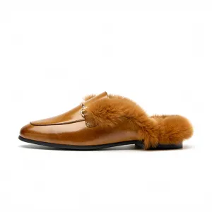 BeauToday Backless Rabbit Fur Lined Metral Trim Mule Loafers for Women