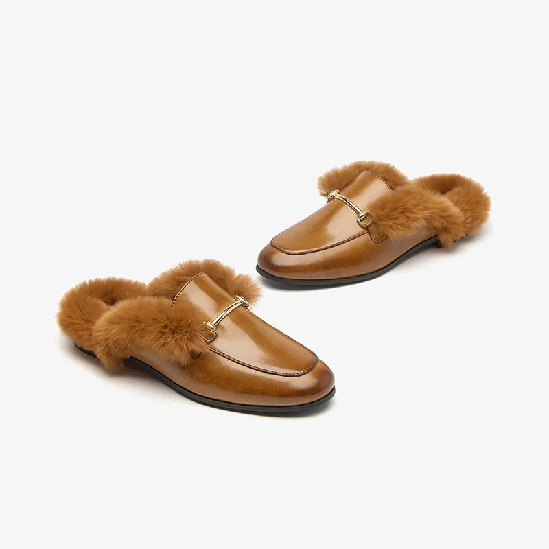 BeauToday Backless Rabbit Fur Lined Metral Trim Mule Loafers for Women