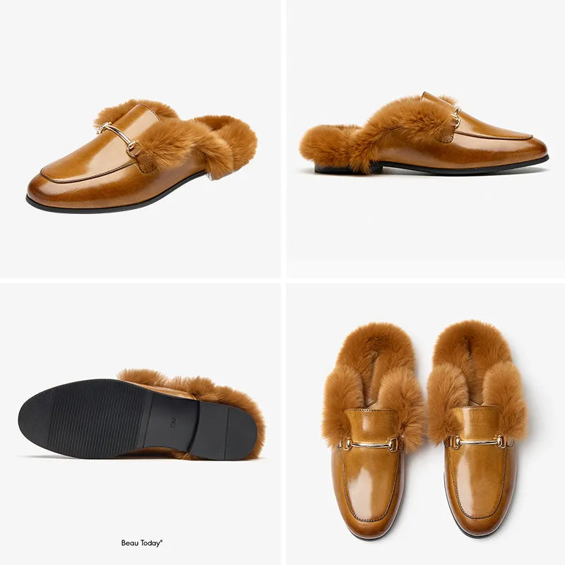 BeauToday Backless Rabbit Fur Lined Metral Trim Mule Loafers for Women