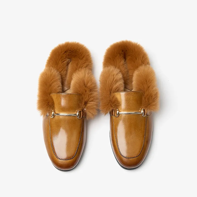 BeauToday Backless Rabbit Fur Lined Metral Trim Mule Loafers for Women