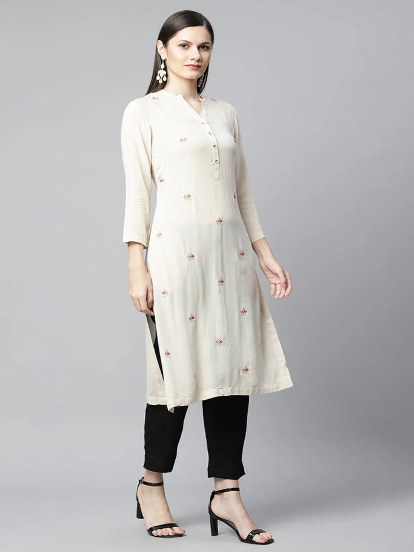 Beige Emb Straight Kurta