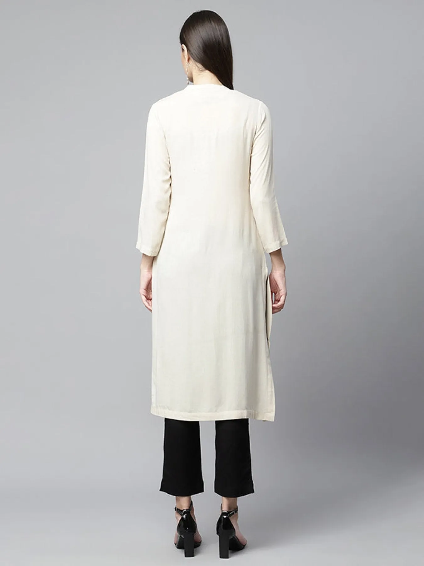 Beige Emb Straight Kurta