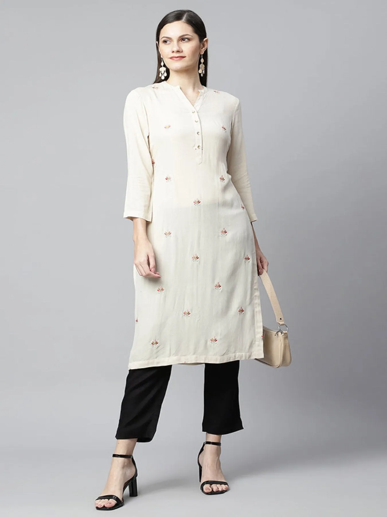 Beige Emb Straight Kurta