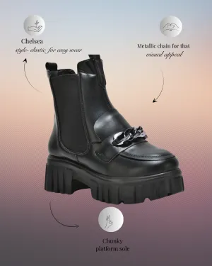 Black Handcrafted Side Zipper & Elastic Boots