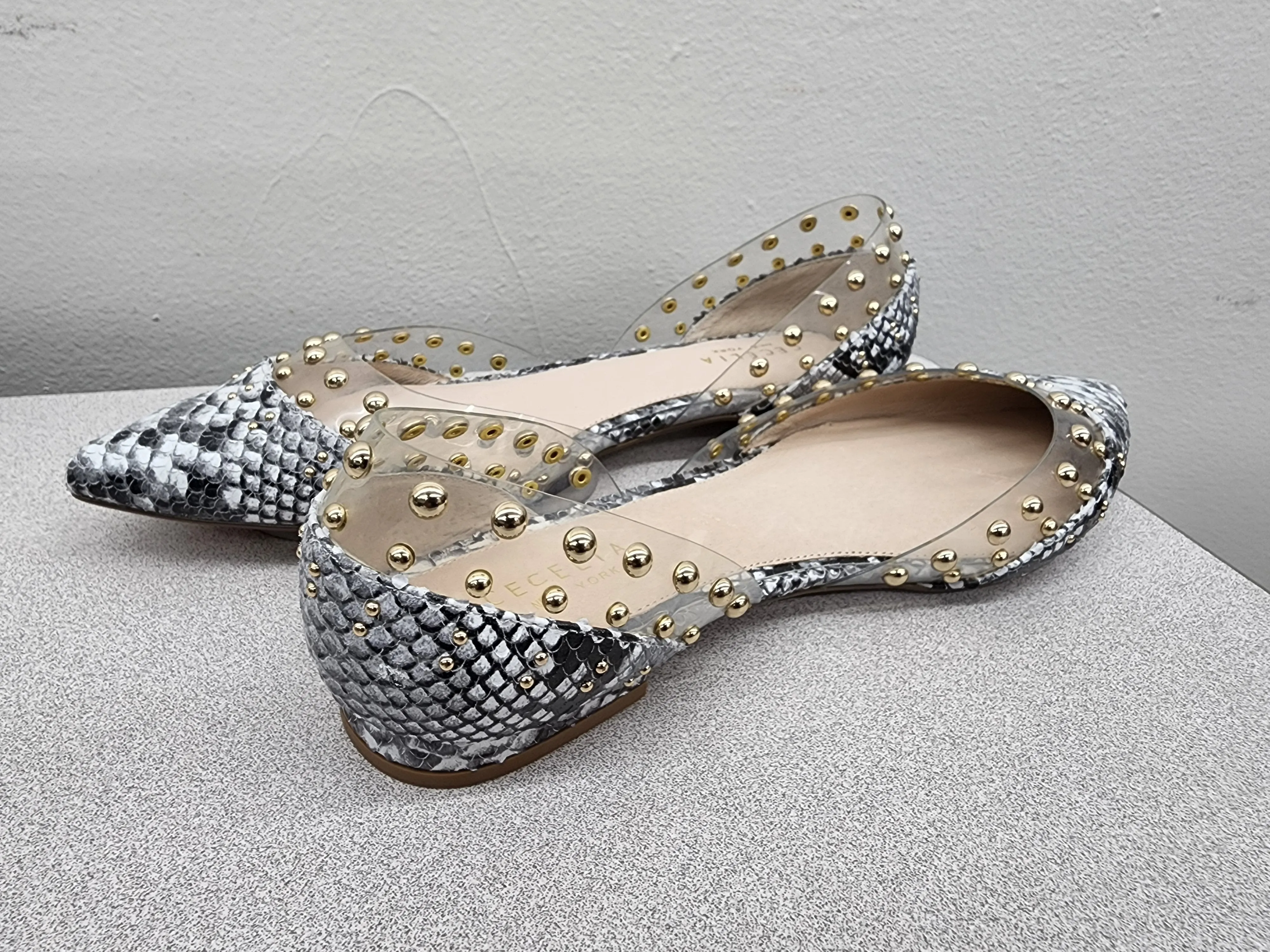 Cecelia New York Min Black White Snake Clear Pointed Transparent Ballet Flats
