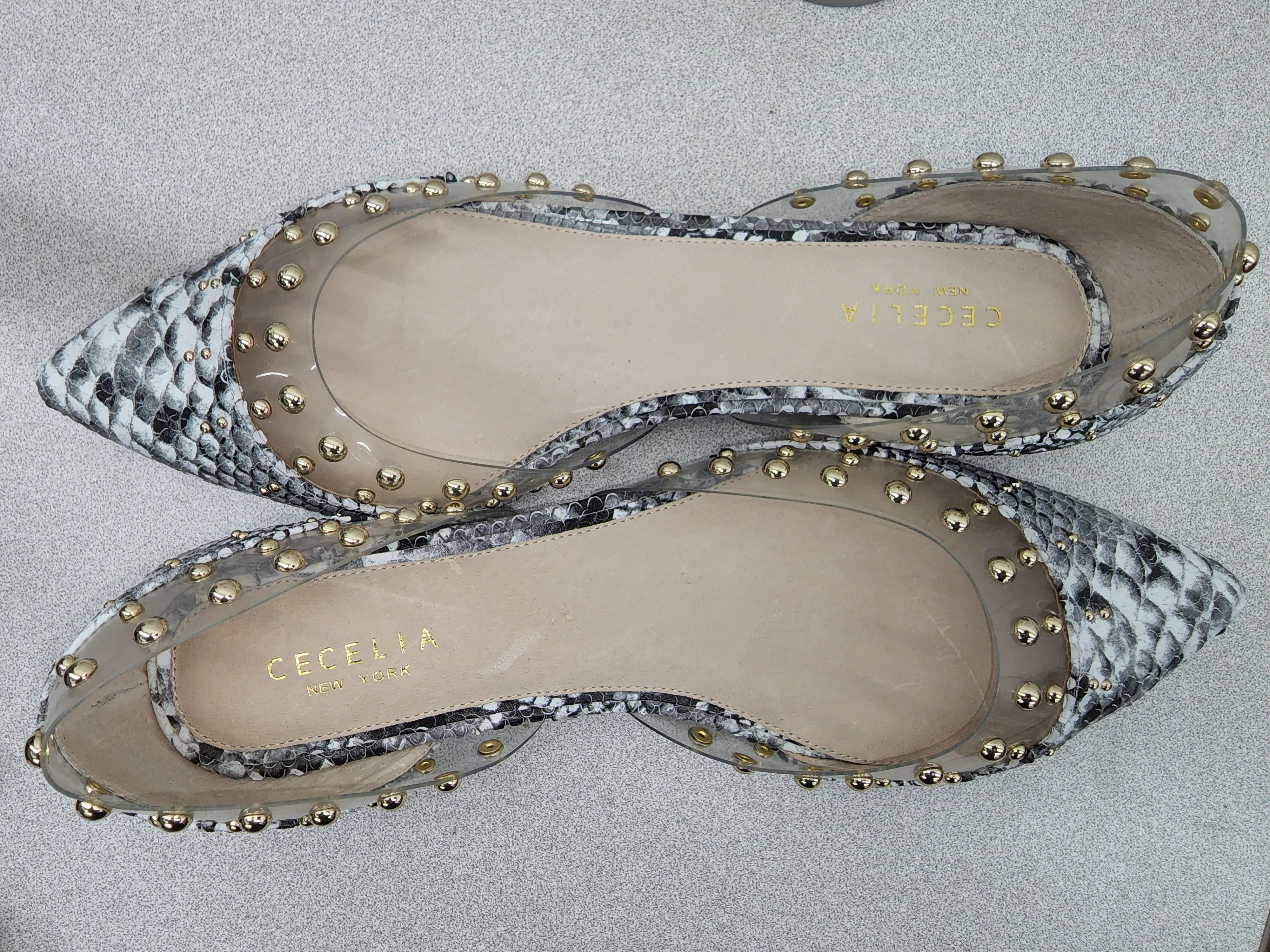 Cecelia New York Min Black White Snake Clear Pointed Transparent Ballet Flats