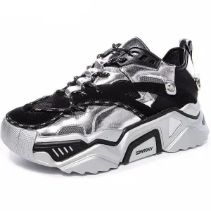 Cow Leather Women's Platform Chunky Sneakers  Casual Vulcanize Shoes Luxury Designer Female Fashion Sneakers
