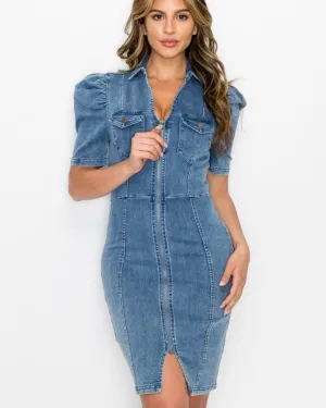 Denim Fitted Zip Up Dress