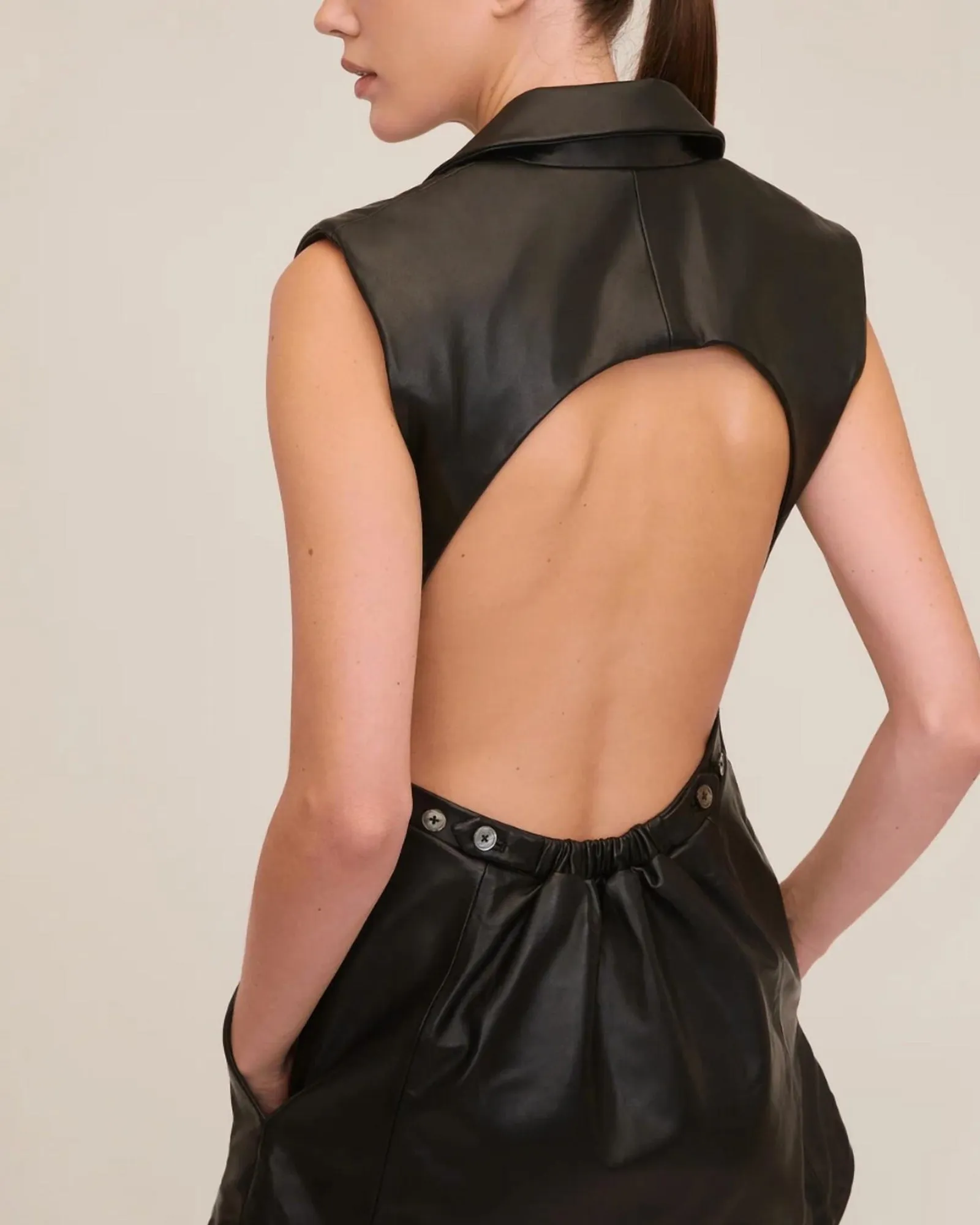 Enzo Leather Open Back Mini Dress In Black | Black