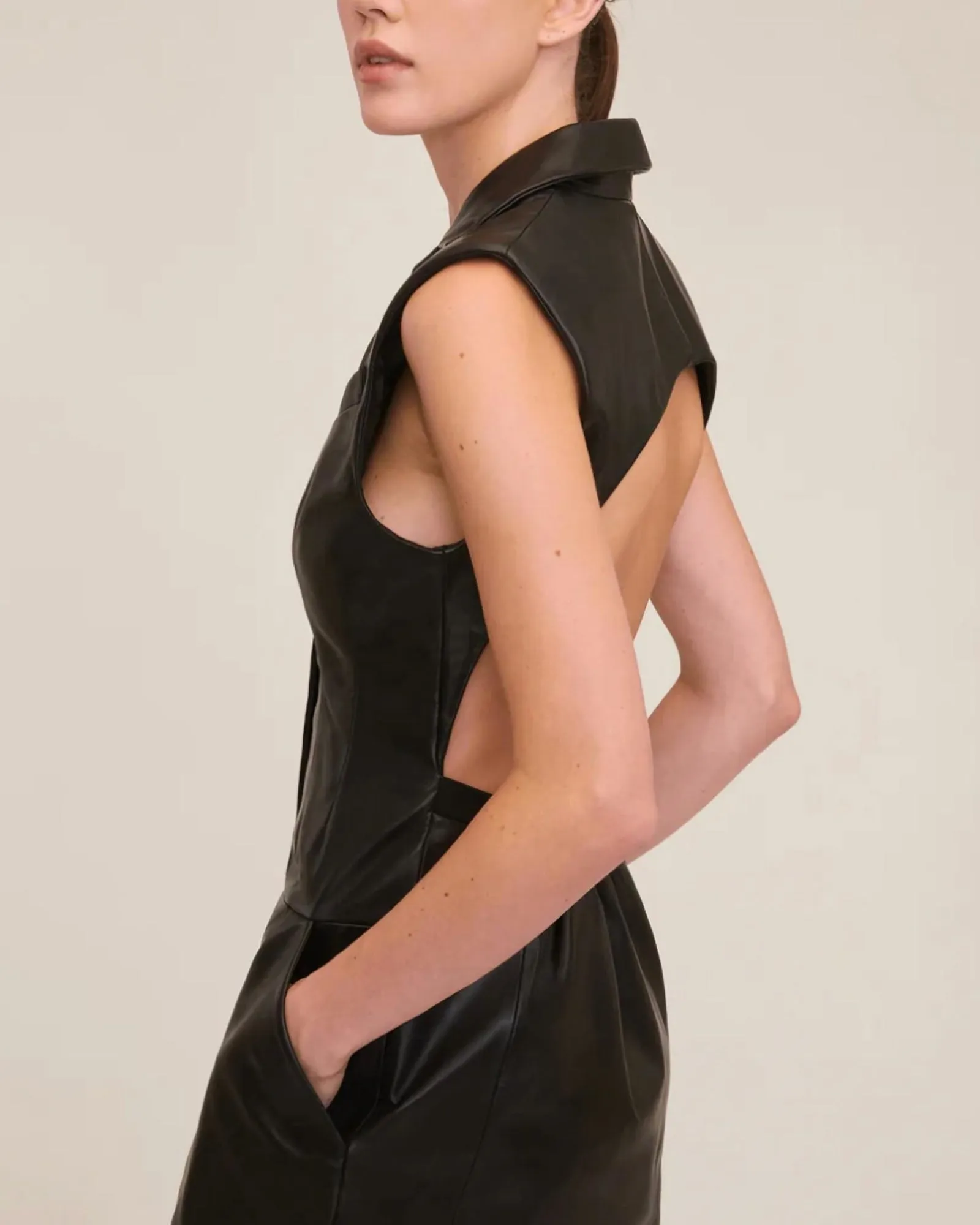 Enzo Leather Open Back Mini Dress In Black | Black