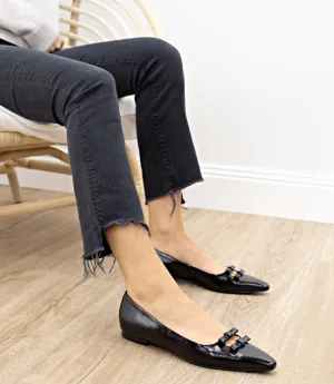 EVAINE Double Bow Flat Pump in Black Crinkle Patent