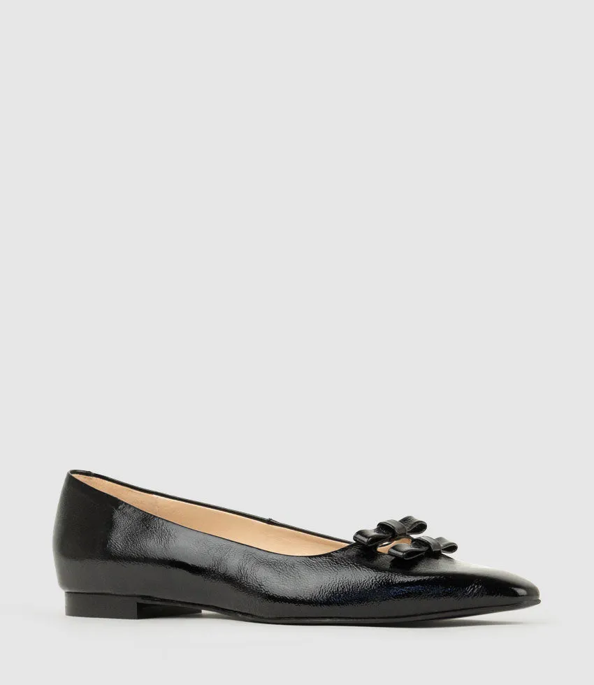 EVAINE Double Bow Flat Pump in Black Crinkle Patent