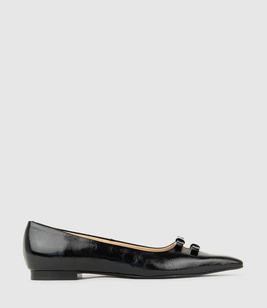 EVAINE Double Bow Flat Pump in Black Crinkle Patent