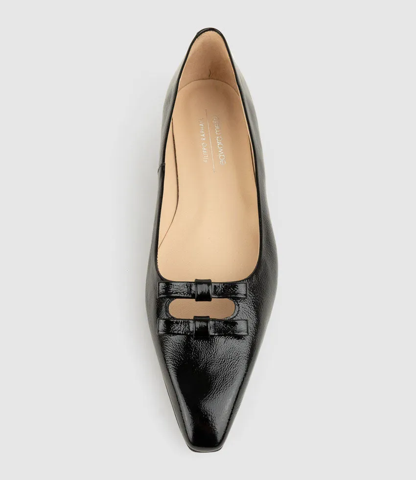 EVAINE Double Bow Flat Pump in Black Crinkle Patent