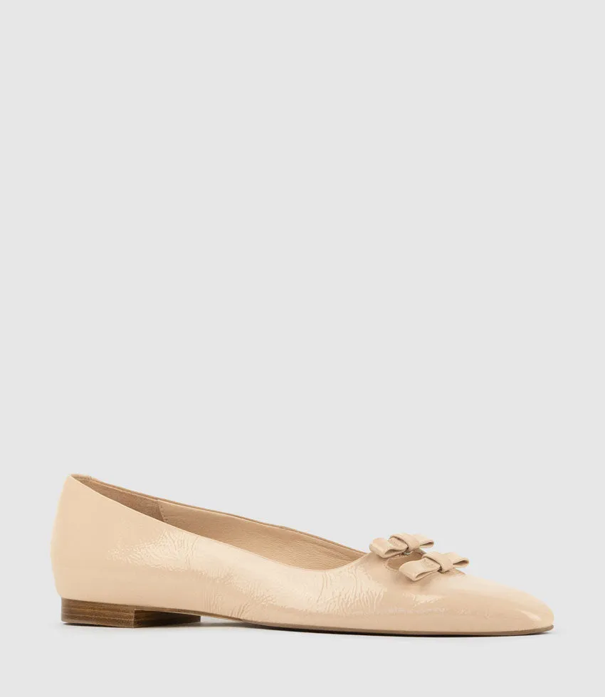 EVAINE Double Bow Flat Pump in Nude Crinkle Patent