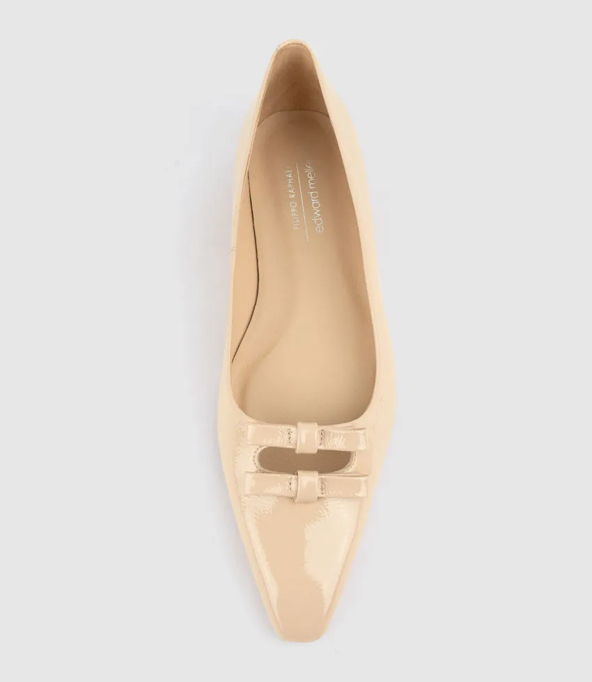 EVAINE Double Bow Flat Pump in Nude Crinkle Patent