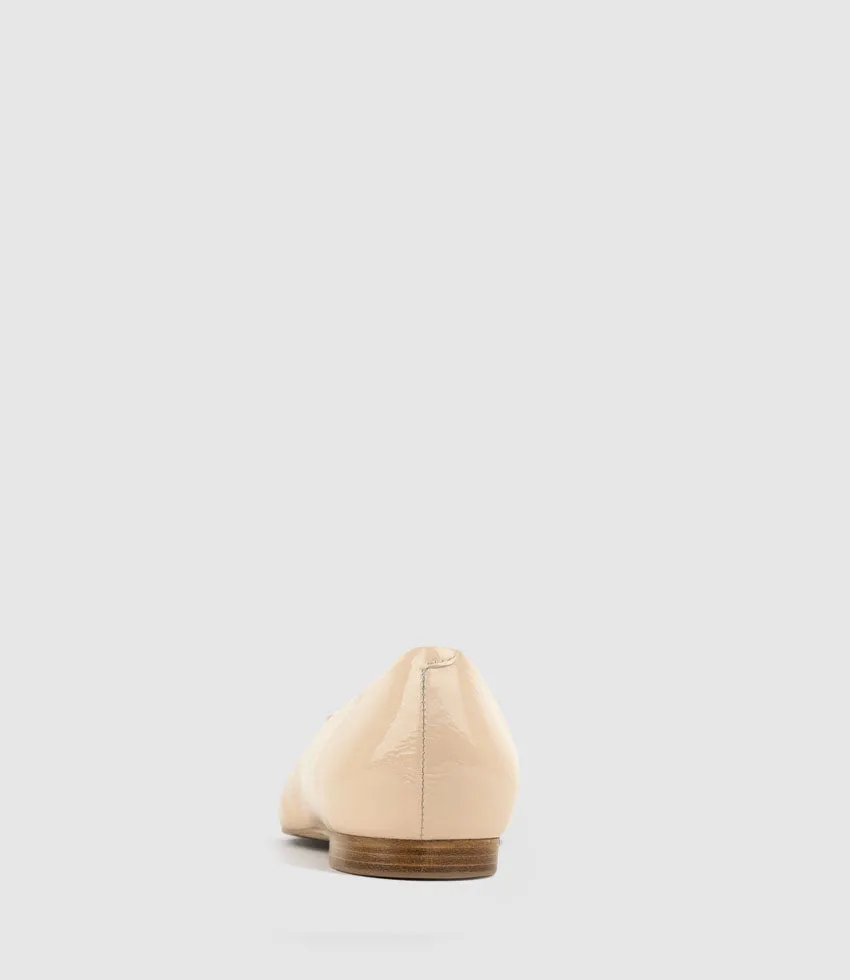 EVAINE Double Bow Flat Pump in Nude Crinkle Patent