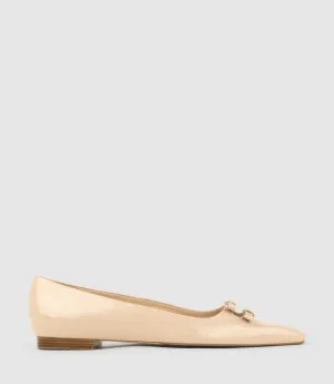 EVAINE Double Bow Flat Pump in Nude Crinkle Patent