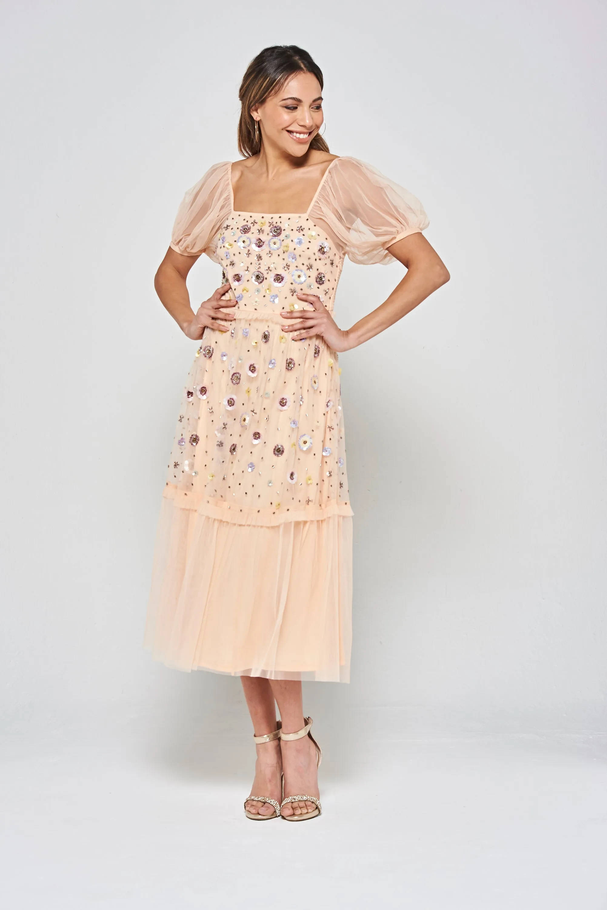 Jalin Almond Floral Embellished Square Neck Midi Dress