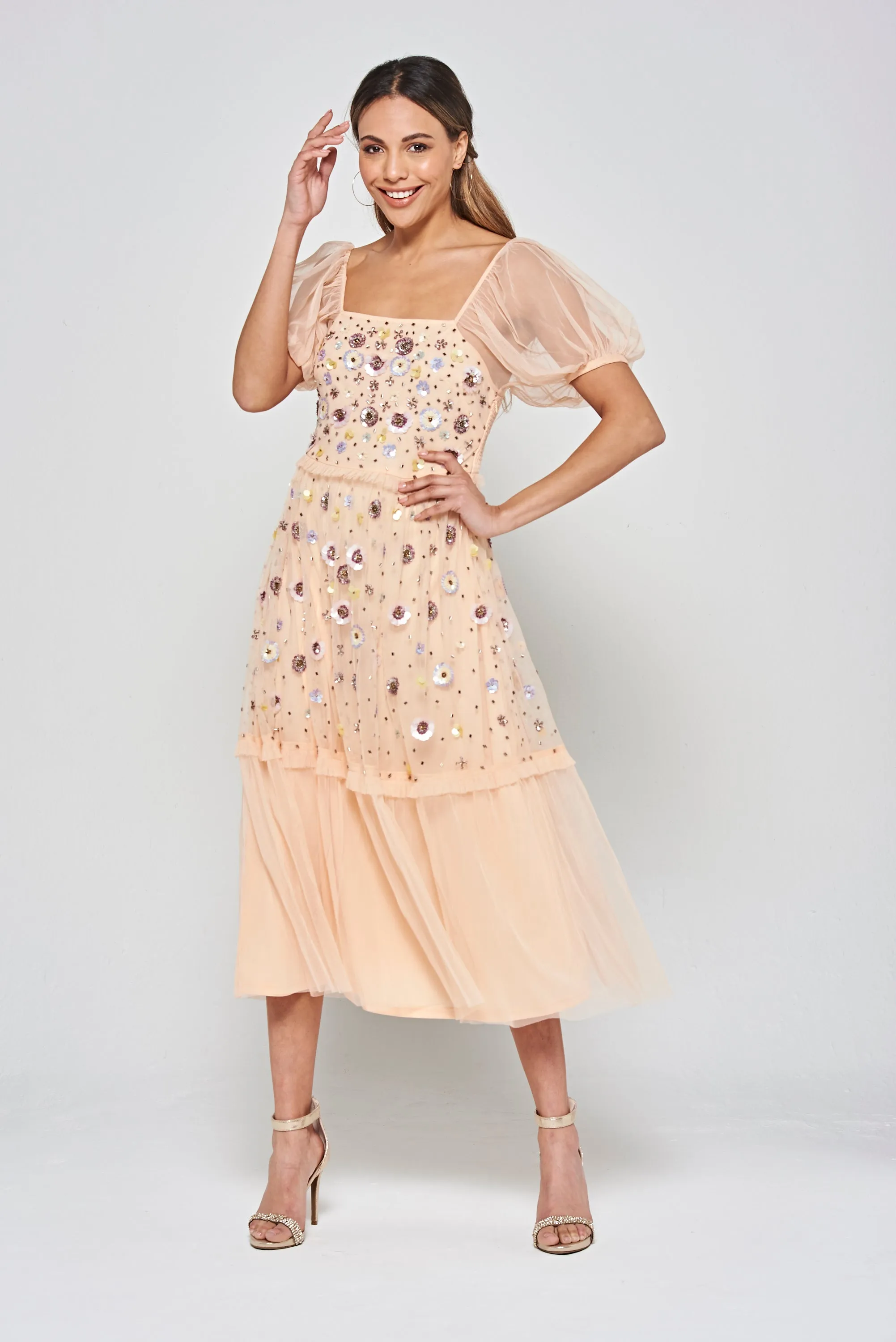 Jalin Almond Floral Embellished Square Neck Midi Dress