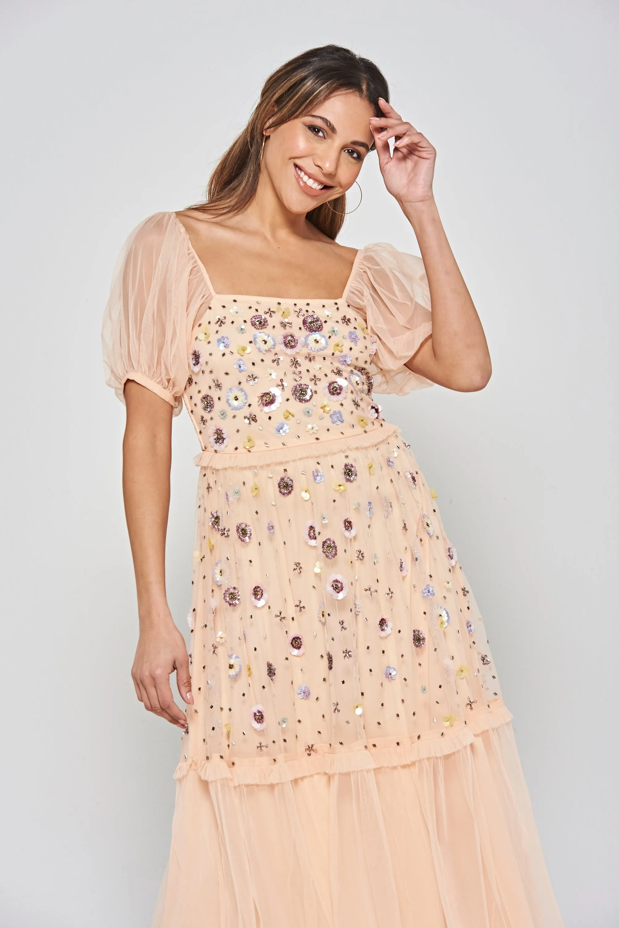 Jalin Almond Floral Embellished Square Neck Midi Dress