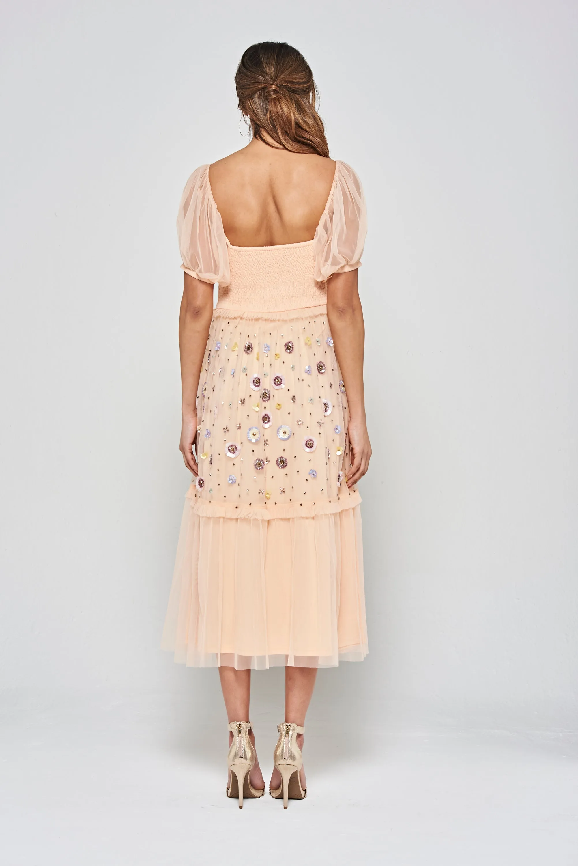 Jalin Almond Floral Embellished Square Neck Midi Dress
