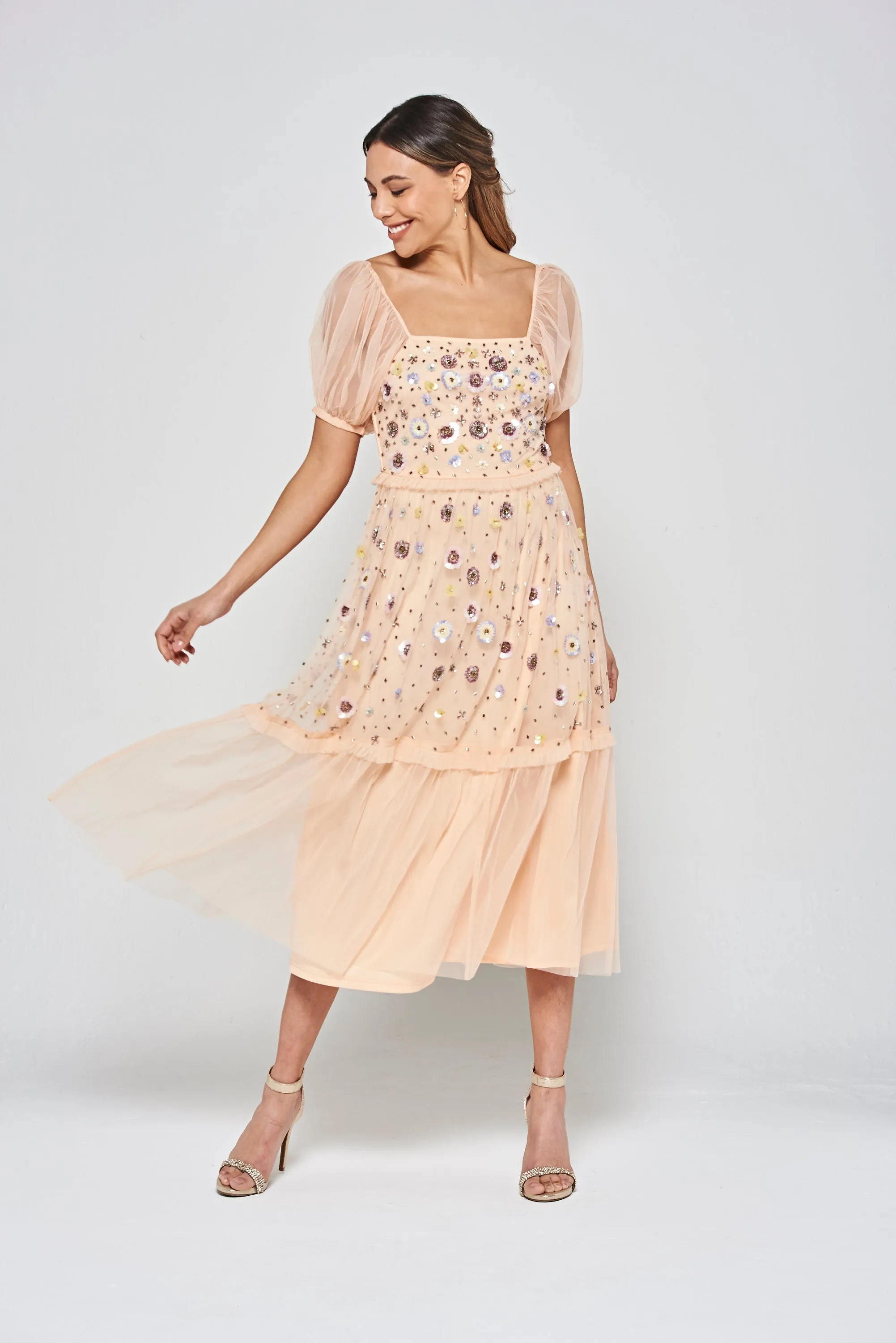 Jalin Almond Floral Embellished Square Neck Midi Dress