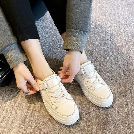 Meotina Platform Shoes Women Natural Genuine Leather Flat Casual Shoes Real Leather Lace Up White Sneakers Ladies Flats Spring