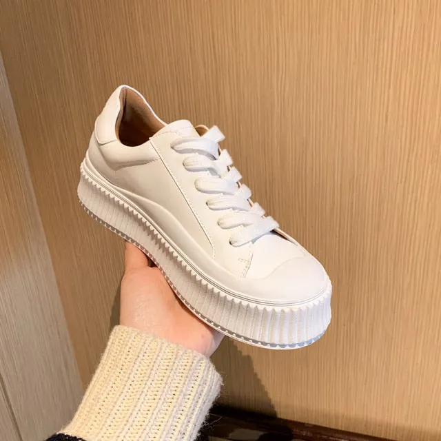 Meotina Platform Shoes Women Natural Genuine Leather Flat Casual Shoes Real Leather Lace Up White Sneakers Ladies Flats Spring