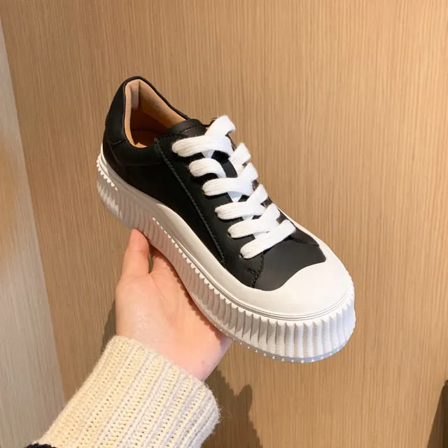 Meotina Platform Shoes Women Natural Genuine Leather Flat Casual Shoes Real Leather Lace Up White Sneakers Ladies Flats Spring