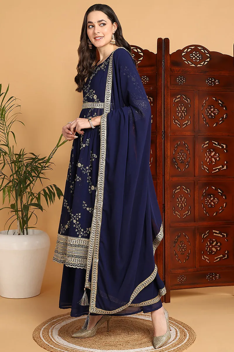 Navy Blue Georgette Floral Embroidered Straight Suit Set
