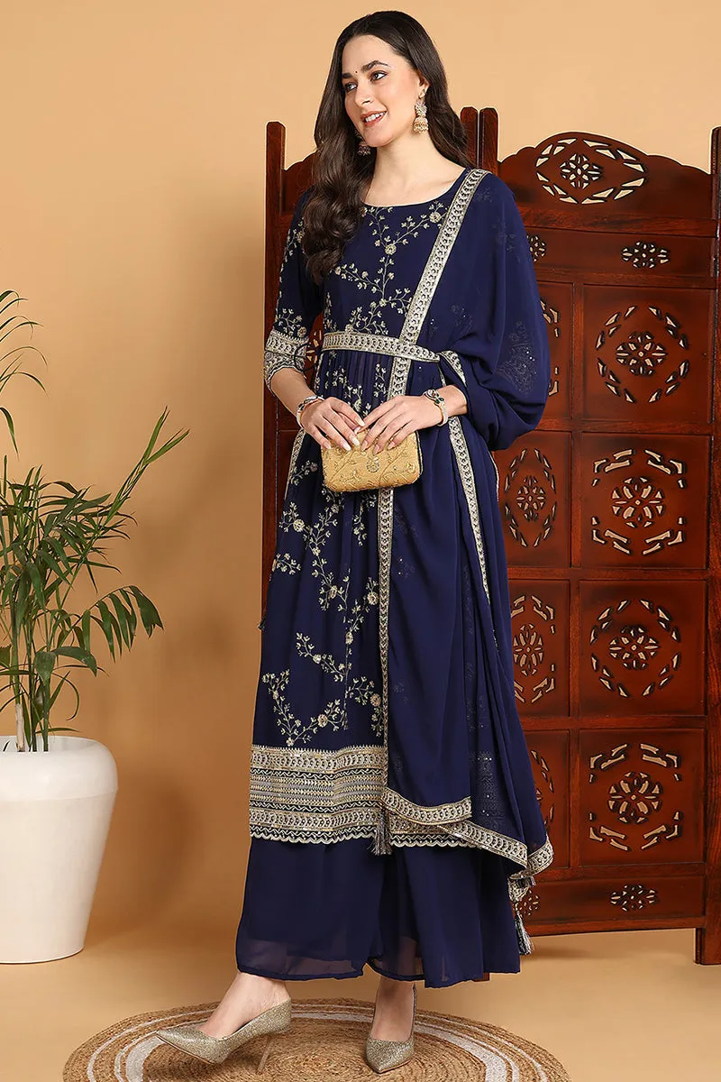 Navy Blue Georgette Floral Embroidered Straight Suit Set