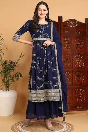 Navy Blue Georgette Floral Embroidered Straight Suit Set