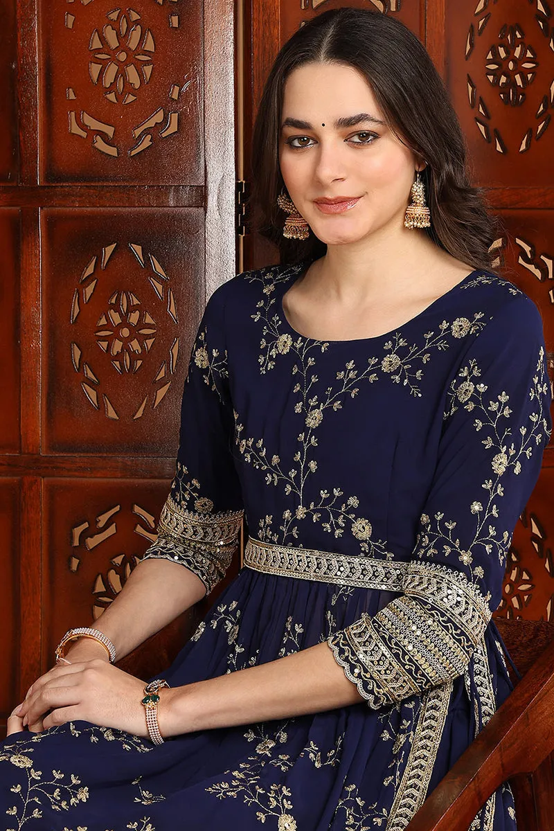 Navy Blue Georgette Floral Embroidered Straight Suit Set