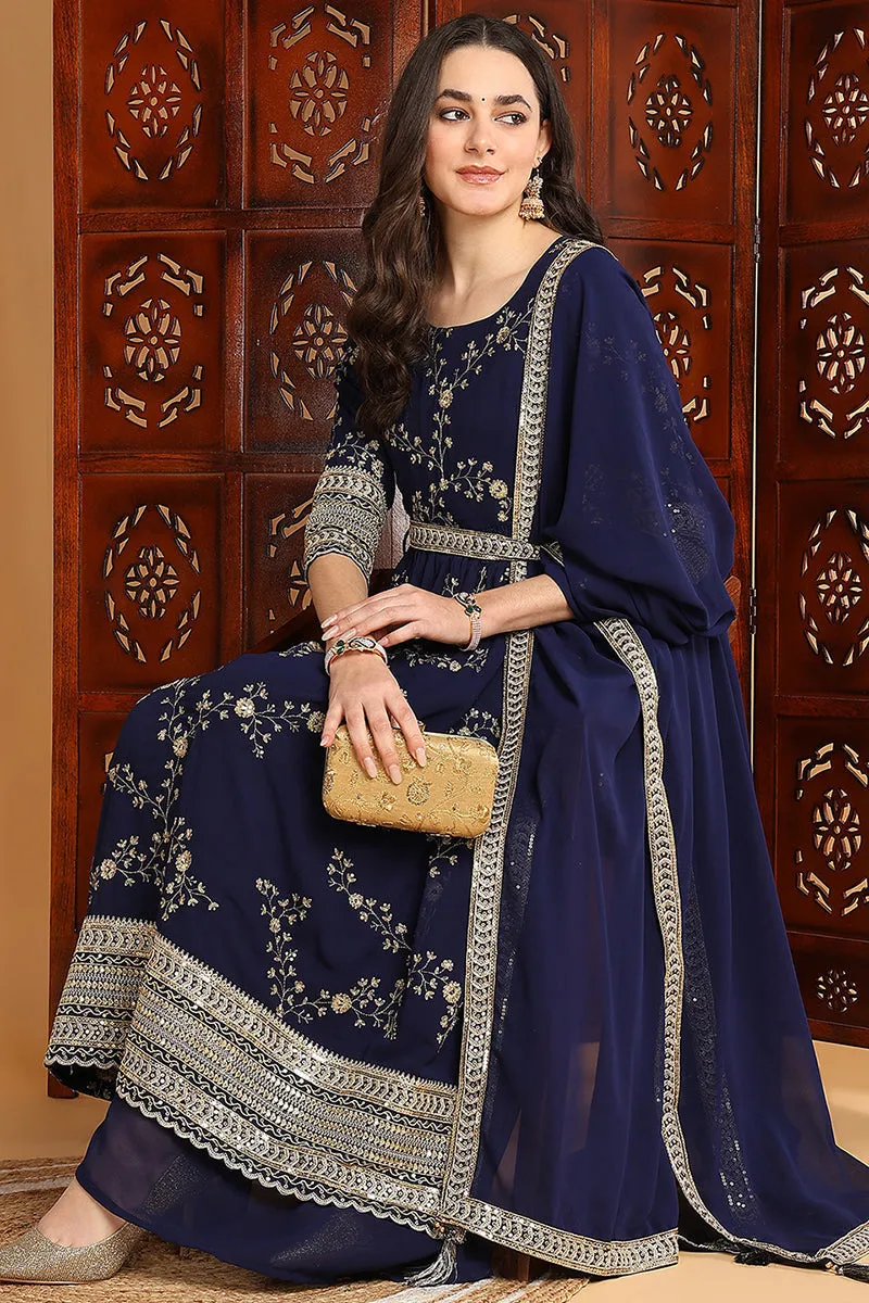 Navy Blue Georgette Floral Embroidered Straight Suit Set