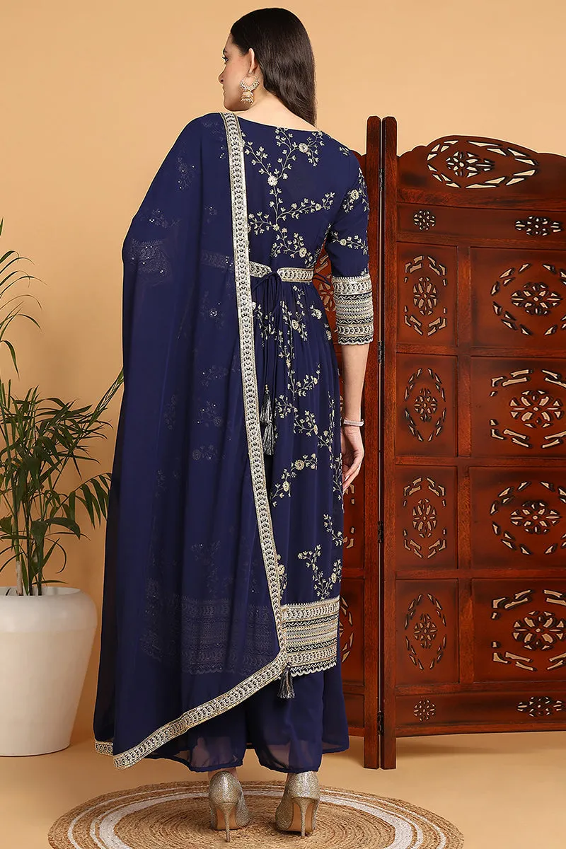 Navy Blue Georgette Floral Embroidered Straight Suit Set