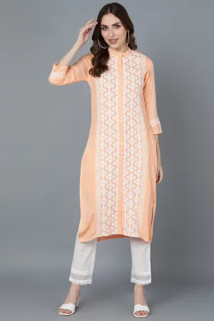Peach Poly Silk Thread Embroidered Straight Kurti