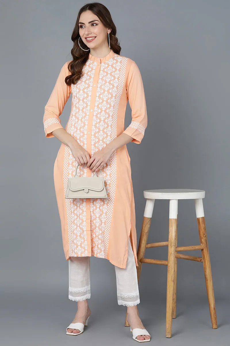 Peach Poly Silk Thread Embroidered Straight Kurti