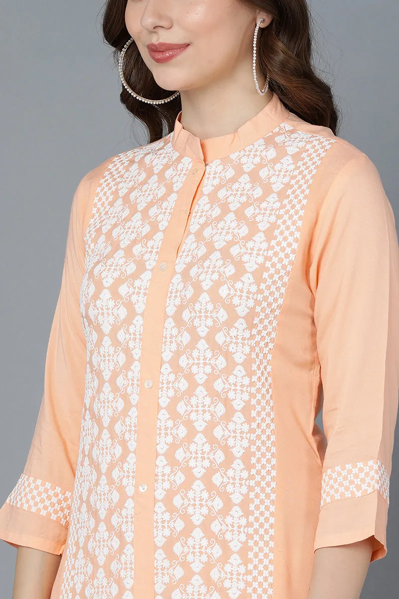 Peach Poly Silk Thread Embroidered Straight Kurti