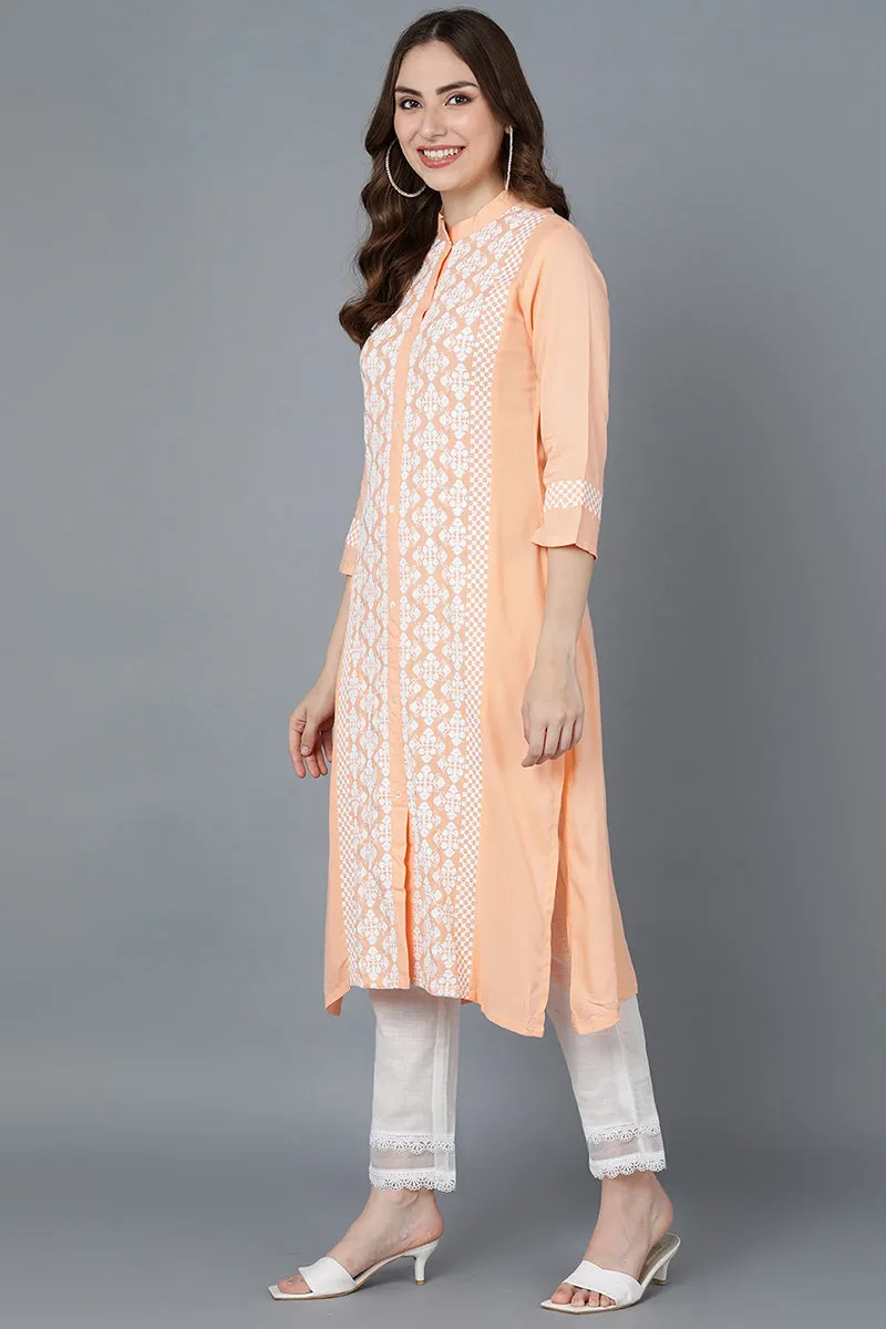Peach Poly Silk Thread Embroidered Straight Kurti