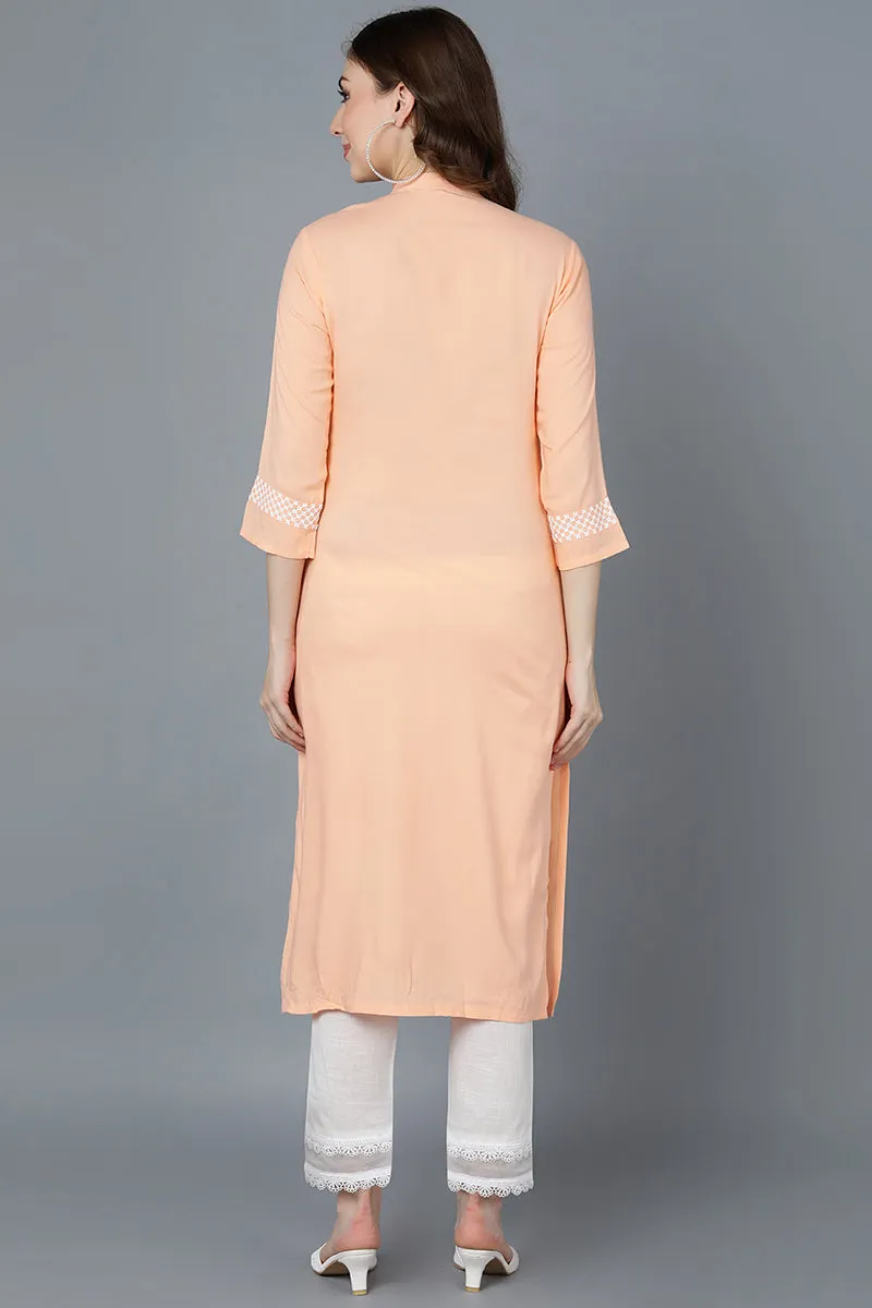 Peach Poly Silk Thread Embroidered Straight Kurti