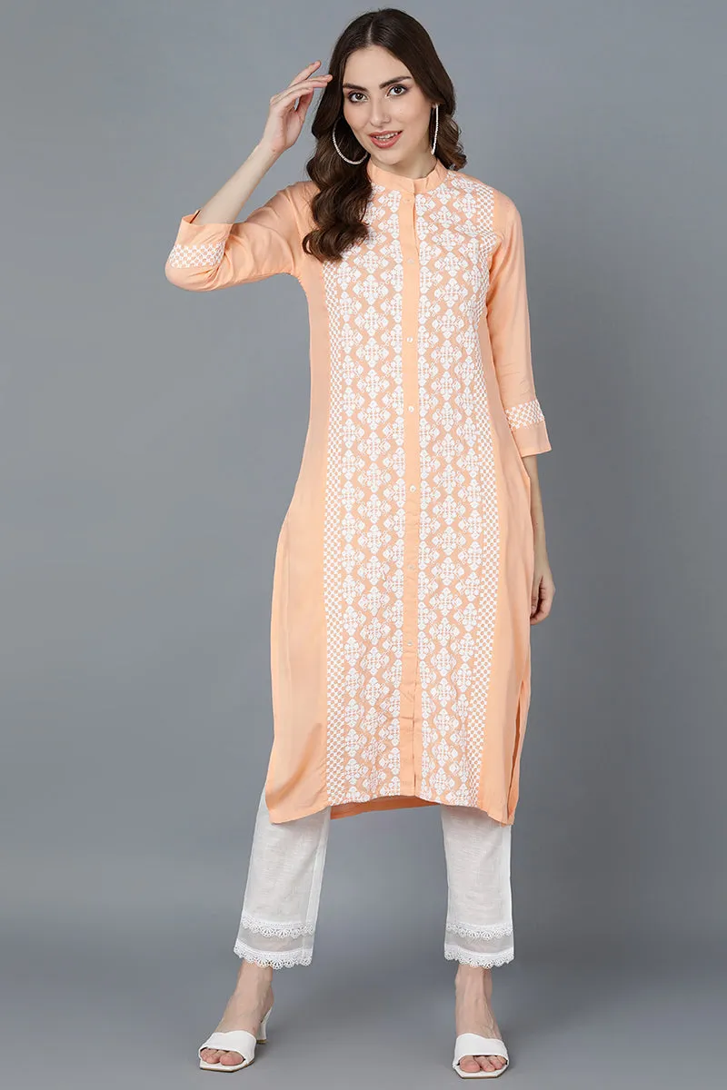 Peach Poly Silk Thread Embroidered Straight Kurti