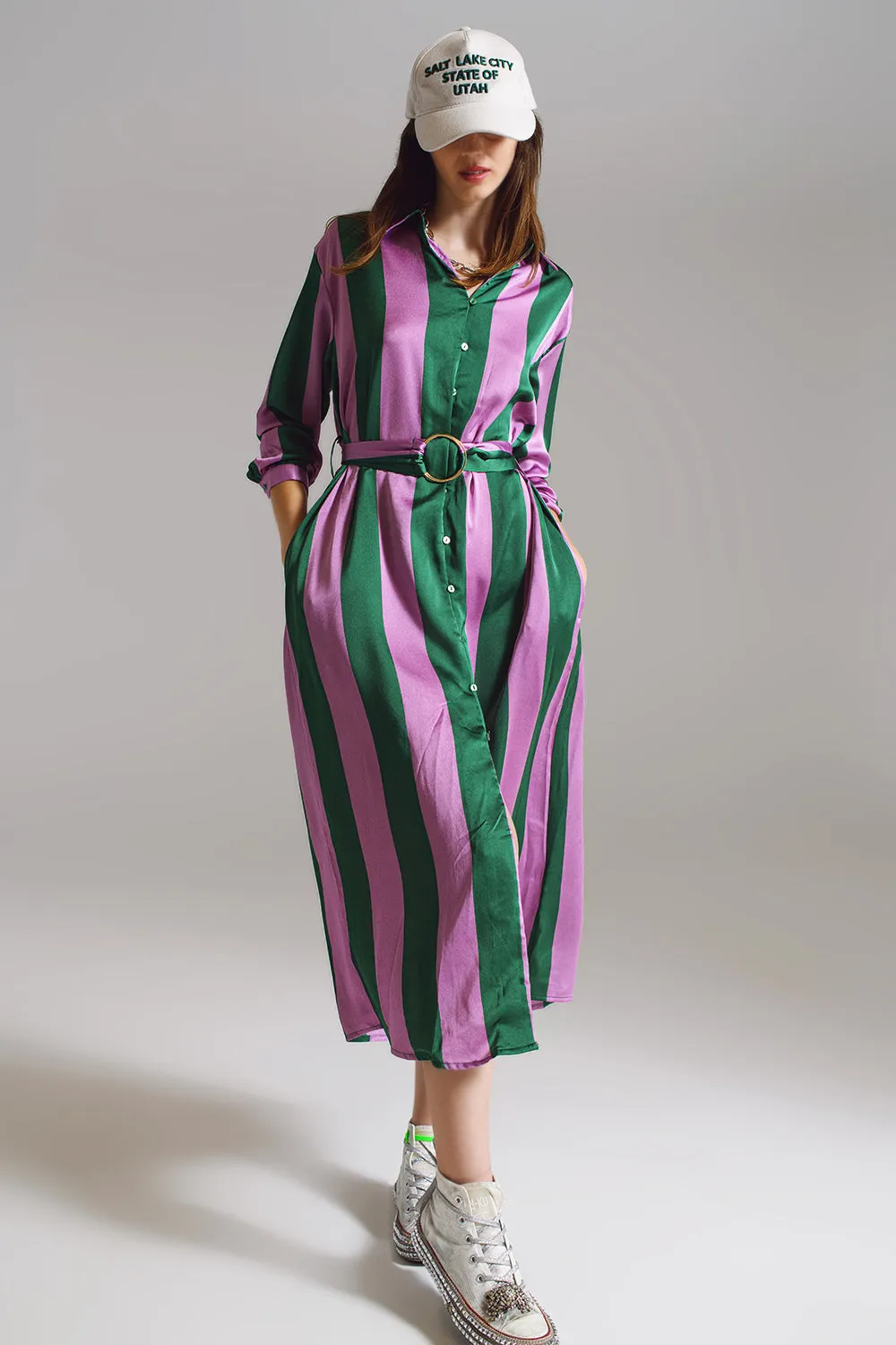 Q2 Lilac & Green Striped Shirt Dress